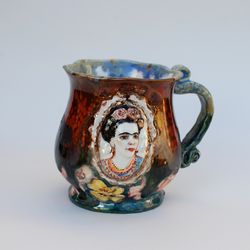 Beautiful handmade Art mug Frida Bright cup relief Female portrait Designer mug Handmade ceramics Gift for an artist