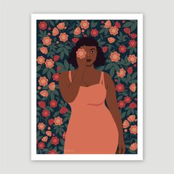Curvy black girl with pink roses, PRINTABLE art, black woman art, melanin art, african art, pink decor.