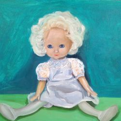 still life painting, studio art, oil painting, original art, portrait doll, vintage doll