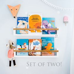 Set of 2 White Wall Shelves from Natural Wood for Nursery, Kids Wall Bookshelf