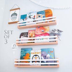 Set of 3 Kids Book Wall Shelf from Natural Wood for Nursery, Kids Wall Bookshelves