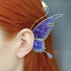fairy wing ear cuff no piercing, fairy wing ear wrap, butterfly earring purple-gray