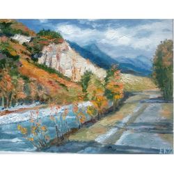 Autumn in the mountains | Original oil painting impasto Canvas Green Landscape