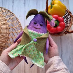Eggplant art doll is handmade wool toy for imaginative play. Kitchen vegetable ornament for table decor