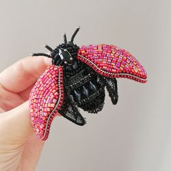 Beetle brooch, red insect jewelry, handmade accessories, gift for girlfriend, beaded beetle brooch