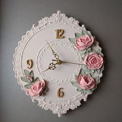 pink wall clock with pink roses in shabby chic style silent wall clock for bedroom nursery decor girl's room clock