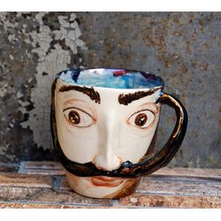 Handmade porcelain mug Surrealism Salvador Dali Artist portrait Cup face ceramic Porcelain mug handmade Mustache Dali