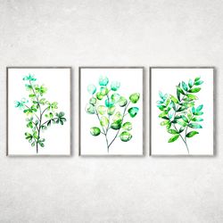 Set of 3 Botanical Print, Abstract leaves painting, Green Printable Wall Art,  Watercolour Botanical Leaf Print