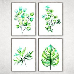 Set of 4 Botanical Print, Abstract leaves painting, Watercolor Art Print, Watercolour Botanical Leaf Prin