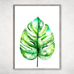 Watercolor painting printable, Botanical posters, Green Leaves Wall Pictures, Watercolor Monstera, Abstract leaves