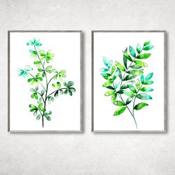 Set of 2 Botanical Prints, Abstract leaves painting, Watercolor painting printable, Green plant paintings