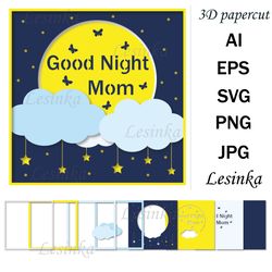 good night mom, postcard template papercut svg