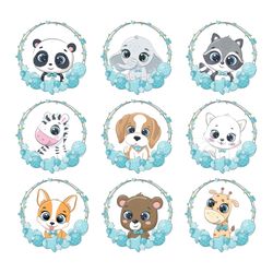 Cute baby animals with balloon and wreath. EPS, PNG, JPG, 300 DPI.