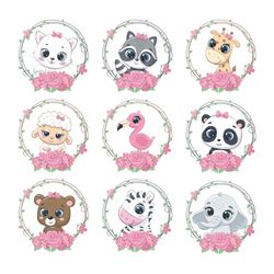 Cute baby animals with flower wreath. Vector illustration for baby shower, greeting card, party invitation.