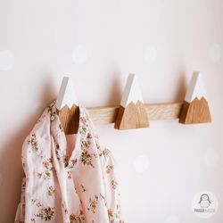Wall Mount Mountain Childrens Hanger with Hooks for Clothes and Bags from Wood