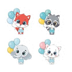 Cute baby animals with balloons. Vector illustration for baby shower, greeting card, party invitation. PNG, JPG, EPS.