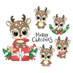 Cute deer with Christmas wreath. EPS, PNG, JPG, 300 DPI