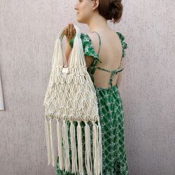 Fringe string bag, Boho bag, Shoulder bag for women, French bag, Macrame bag, Net Bag, Filt bag, eco friendly bag