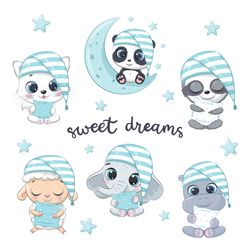 Cute baby animals sleeping illustration. Vector illustration for baby shower, greeting card, party invitation.