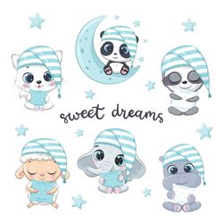cute baby animals sleeping illustration. vector illustration for baby shower, greeting card, party invitation.