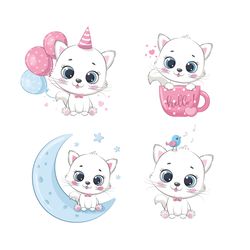 cute baby cat with bird, moon, hearts, stars. vector illustration for baby shower, greeting card, party invitation.