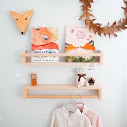 Set of 2 Wall Shelf, Floating Wood Shelves, kids Book Rack, Nursery shelves, Shelf with rod