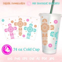 Cross mandala zentangle art 24 oz cold cup wrap Personalized gift Tumbler svg 24oz mug Bible verse