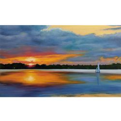 Michigan Painting Original Art Sailboat Wall Art Sunset Art Seascape Artwork Beautiful Sky Painting 12" by 19.5"