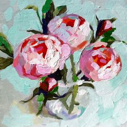 Peony Painting Flower Original Art Still Life Artwork Floral Wall Art Impasto Painting Small 8 by 8 inches