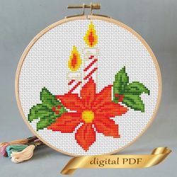 Christmas Poinsettia pattern cross stitch, Easy embroidery DIY