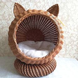 Cozy wicker cat bed Brown cat house Wicker cat basket Bed with ears Pet bed for cat Cat bed cave Cat bed cute Cat bed