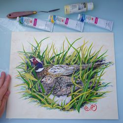 Pheasant Painting Bird Nest Original Art Bird Wall Art Animal Acrylic Painting