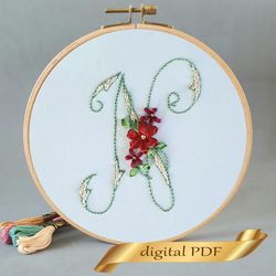 Floral alphabet letter N pdf hand embroidery beginner Flower monogram ribbon embroidery