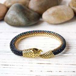 Black gold snake bracelets for women and men, Handmade beaded bracelet, Serpent bracelet, Christmas gift for her