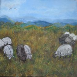 Sheep Oil Painting Sheep Original Art Summer Day Wall Art animals in the pasture Meadow mountain landscape 30x30 inches