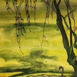 Bird and tree on green background watercolor painting