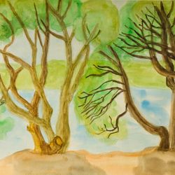 Willow trees near water watercolor painting