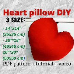 Super easy sewing pattern, Fabric heart pillow sewing pattern PDF 3 size_tutorial_VIDEO, diy Valentine's Day decor