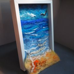 beach painting,seaside picture, needle felting,felted landscape, wet felting wool ,felting wool,felt picture,wall art