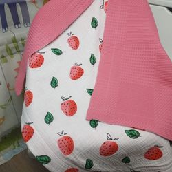 Strawberry blanket, baby girl blanket, cotton blanket, waffle baby blanket, personalised blanket, new baby gift