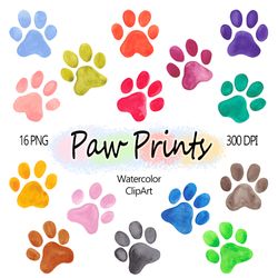 Watercolor paw print clipart, Cat and Dog paws clip art, Colorful pawprints 16 PNG, Rainbow Paw Icon, Animal paw graphic