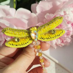 Yellow dragonfly jewelry brooch beaded, insect jewelry