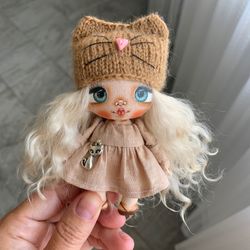Kitty doll Personalised textile doll Mini art doll Custom Rag Doll with Cat hat