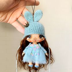 Miniature handmade doll with turquoise dress Princess Bunny doll Custom art doll Rag doll Personalized gift for a girl