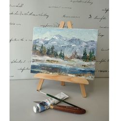 Winter in the mountains | Original oil painting on canvas Landscape Lake Forest