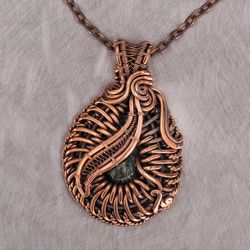 Natural serpentine pendant for women Wire wrapped copper necklace  / Handmade Wire Wrap Art jewelry 7th Anniversary gift