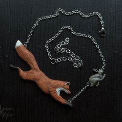 fox necklace red running jewelry fox hare animal jewelry original design fox miniature polymer clay bib necklace unusual