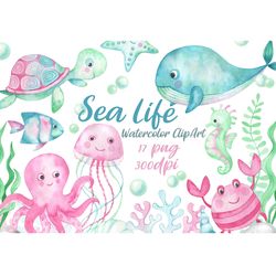 Watercolor Sea Life clipart underwater world animals clip art