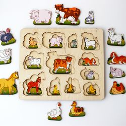 Wooden Puzzle - animals and cubs young, Toddler Toys Age 2 3 4 5 year, Wood Montessori animal Stack Board game
