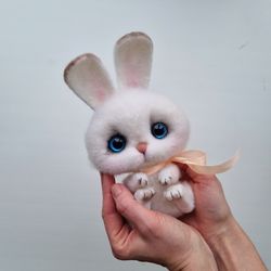 Bunny felted toy. Needle felted animal is Christmas holiday gift. Animal photo toy.